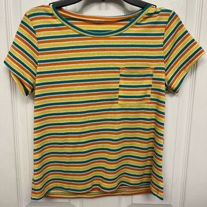 Blue orange yellow white striped shirt